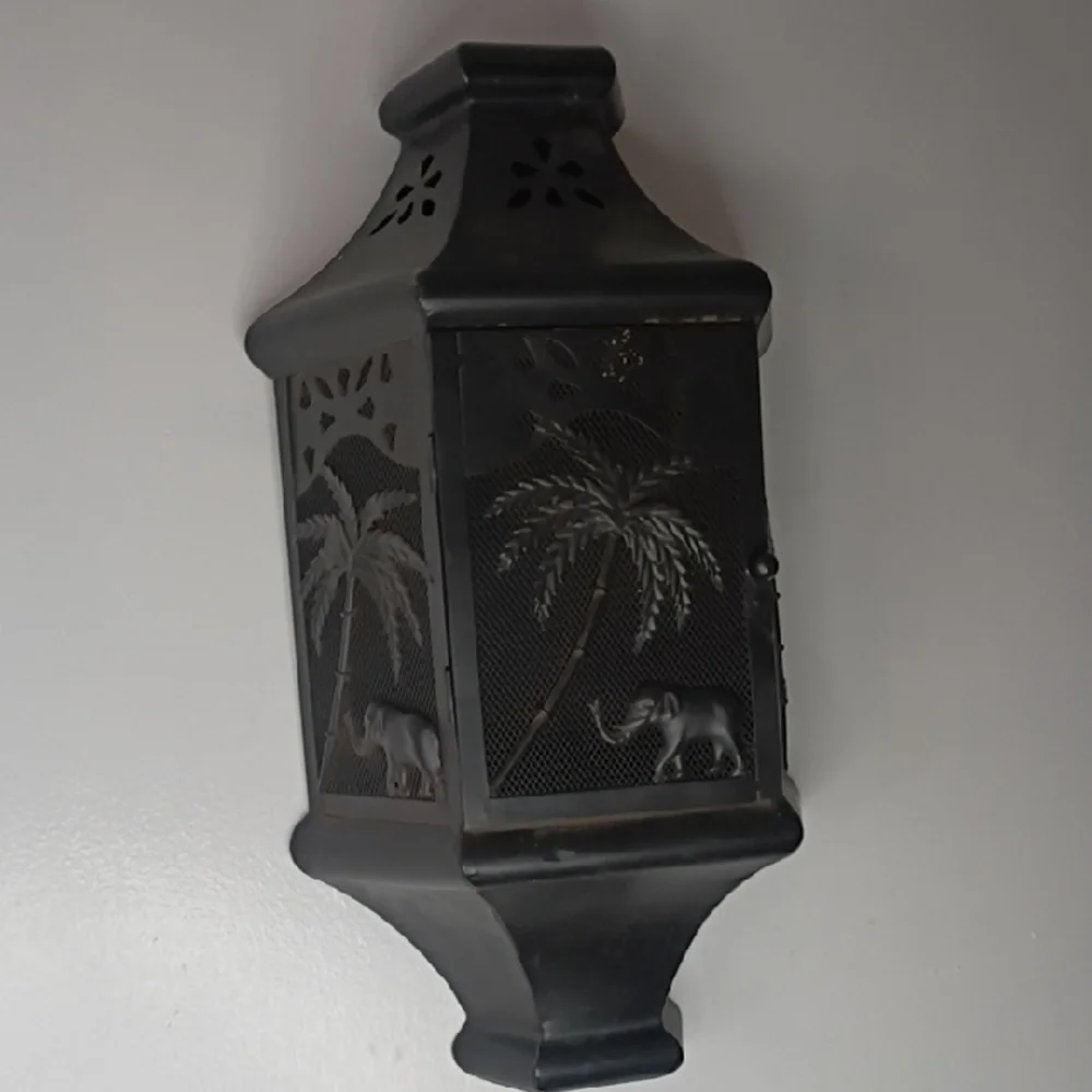Wall Candle Holder Decorative Metal Lantern with Palm & Elephant Motif Black